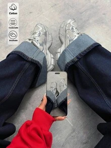 EURMUSE WOMEN LOW WAIST WIDE LEG JEANS RED EMRIODERY AND STICH DETAIL - Dark Wash - View 1