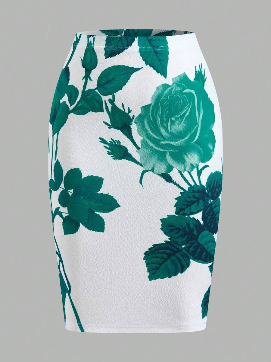 SHEIN Clasi 大码优雅花卉印花紧身迷你裙 - 青碧色 - 查看 1