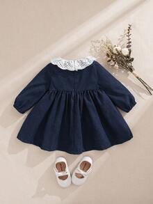 Souflis 法式复古2025秋冬新款休闲长袖藏青色超大白领连衣裙，适合外出、上学、聚会、派对等场合 - 藏蓝色 - 查看 2