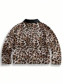 Y2Kool BiGraphic Women's Leopard Print Velvet Contrast Color Loose Jacket, Suitable For Autumn/Winter, Y2K Back To School Street Style Winter Casual Stylish Collection New Year - Coffee Brown - View 2