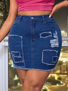 Slaydiva Plus Size Women Blue Denim Elastic Sexy Distressed Frayed Hem Fitted Mini Skirt, Summer - Blue - View 1