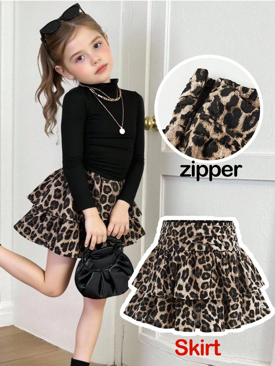 SHEIN Young Girl Chiffon Leopard Print Casual Skirt Fall Winter
