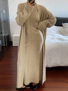 Livesso Women's Loose Jacket And Fitted Dress 2 Pieces Set, Autumn - Khaki - View 1