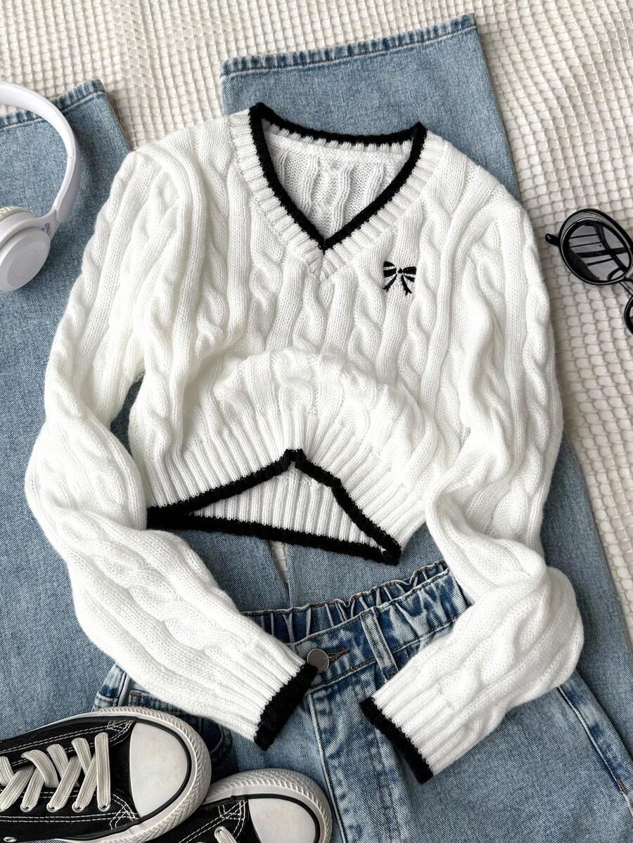SHEIN Tween Girls' Bow Pattern V-Neck Long Sleeve Casual Sweater Fall Winter - White - View 1