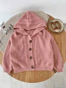 SHEIN Chaqueta de punto con capucha de unicolor informal para niña en otoño/invierno - Rosa - Ver 5