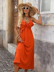 Brillora Vacation Style Women's Splice Ruffle Hem Cami Dress - Orange - View 6