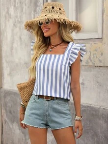 Brillora Striped Ruffle Trim Blouse - Blue and White - View 4