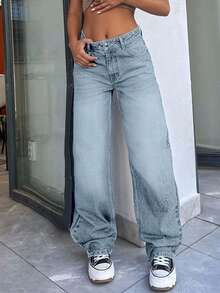 EURMUSE 100%纯棉高腰复古水洗直筒牛仔裤 - 淺色水洗藍 - 查看 8