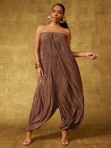 Vixey 褶裥缎面露肩低裆连体裤 - 棕色 - 查看 2