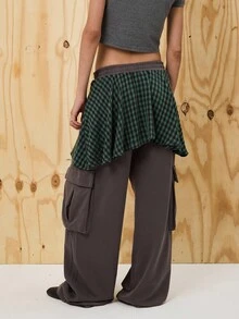 COUREZ Low Rise Oversized Cargo Joggers With Layered Check Skirt /Y2K Going Out For Women Spring For Women Rave Casual Wide Leg Pants - Black - View 3