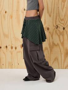 COUREZ Low Rise Oversized Cargo Joggers With Layered Check Skirt /Y2K Going Out For Women Spring For Women Rave Casual Wide Leg Pants - Black - View 4