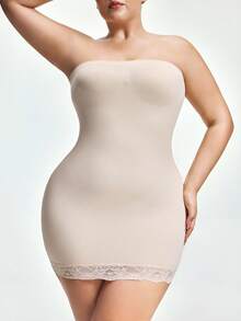 SHAPORA 塑身连衣裙、塑身腰部、蕾丝拼接、性感露肩内衣、婚纱、防滑、礼服、汗衫、紧身裙、大码塑身连衣裙 - 杏色 - 查看 1