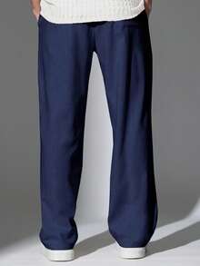 SUMWON 优质阔腿亚麻溜冰裤，腰部抽绳，现代阔腿风格，宽松度假服，夏季春季休闲沙滩休闲服 - 藏蓝色 - 查看 5