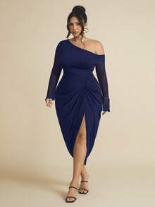 SHEIN BAE Plus Size Women Ruched Mesh Long Sleeve Semi-Sheer Dress Fall - Navy Blue - View 6