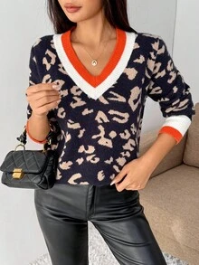 EMERY ROSE Áo len họa tiết da báo cổ chữ V phối màu đơn giản dành cho nữ, Thu/Đông - Xanh đậm - Xem 5