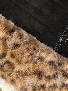 Elamini Damen Patchwork Leopard Kunstfell Jeans Mini Rock mit Taschen