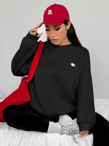 SHEIN EZwear Bộ 2 áo nỉ cổ tròn rộng rãi họa tiết ngựa màu đen và quần legging bó, thích hợp cho mùa thu/đông - màu đen - Xem 4