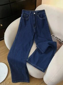 GlowEve 休闲高腰直筒洗水牛仔裤 - 深色水洗藍 - 查看 1