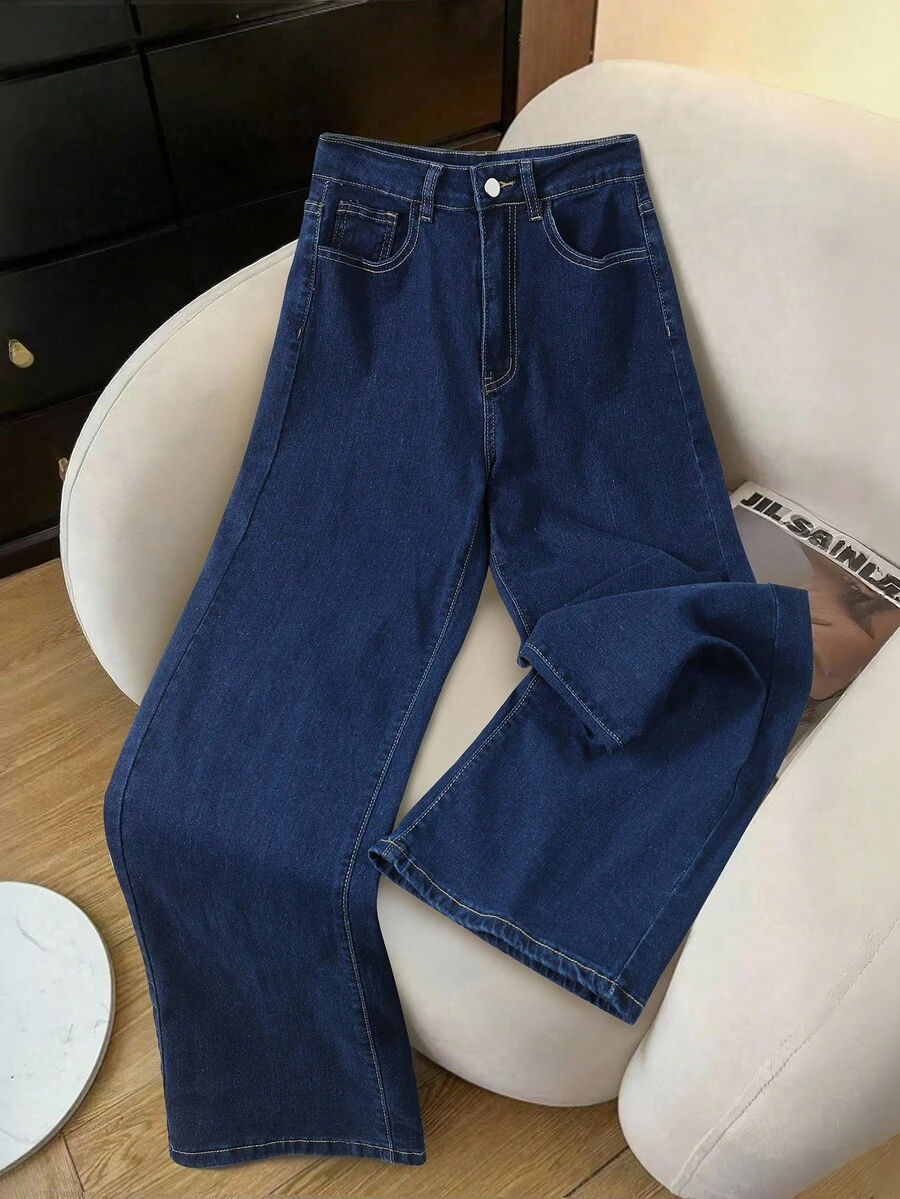 GlowEve 休闲高腰直筒洗水牛仔裤 - 深色水洗藍 - 查看 1