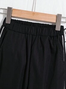 SHEIN Tween Boy Letter Applique Hem Slit Slant Pocket Pants Fall Winter - Black - View 4