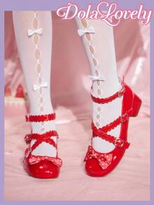 Dola Lovely 女士蝴蝶结玛丽珍鞋，圆头扣带粗跟浅口鞋，时尚百搭白色鞋子 - 紅色 - 查看 4
