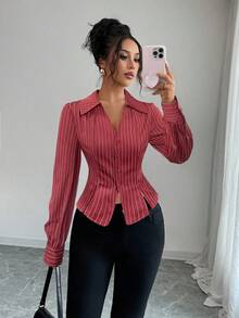 Rafferiza Áo len cardigan dài tay hở gấu sọc dọc kiểu Pháp dành cho nữ - Đỏ - Xem 3