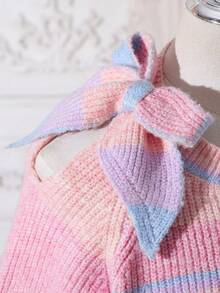 Tween Girls' Bow-Accent Sweaters Thick Long-Sleeve Loose Knit Pullovers Autumn/Winter School Everyday Pink And Purple Striped Cute - Pink - View 7
