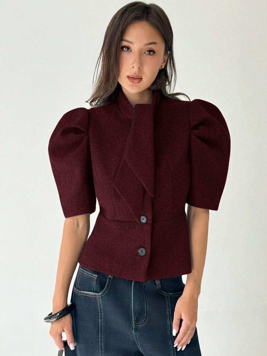 Aloruh Chaqueta de lana de manga corta de unicolor y estilo retro para mujer en otoño/invierno - Burdeos - Ver 1