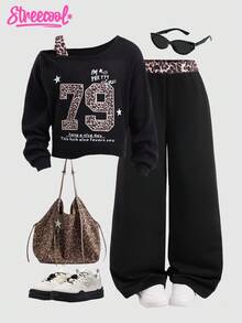 SHEIN Explorewe 2 件套 Tween Girls Me 宽松休闲街头时尚设计斜肩豹纹罗纹印花搭配撞色腰部阔腿裤套装，适合日常、通勤、休闲、度假、聚会、街拍、秋冬 - 黑色 - 查看 1