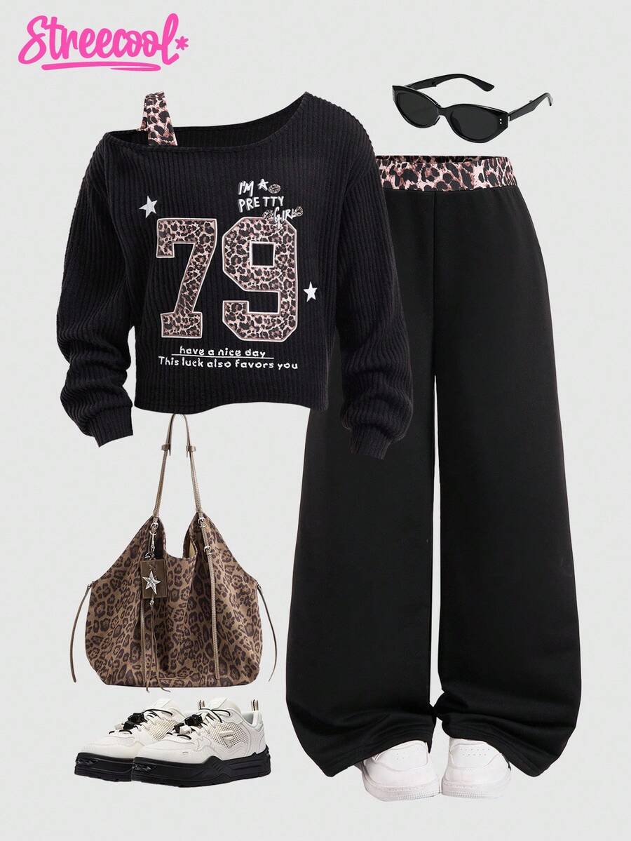 SHEIN Explorewe 2 件套 Tween Girls Me 宽松休闲街头时尚设计斜肩豹纹罗纹印花搭配撞色腰部阔腿裤套装,适合日常、通勤、休闲、度假、聚会、街拍、秋冬 - 黑色 - 查看 1