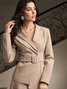 ZEYLAH 女士纯色长袖优雅不对称腰部西装外套 - 杏色 - 查看 5