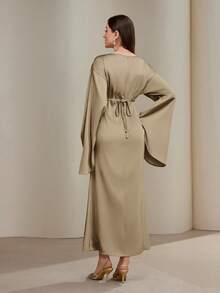 Veilorie 女式优雅纯色束腰长袖连衣裙 - 卡其色 - 查看 2