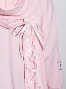 ROMWE Avant 女士和女孩可爱兔耳蕾丝蝴蝶结标点刺绣装饰宽松运动衫 - 粉色 - 查看 4