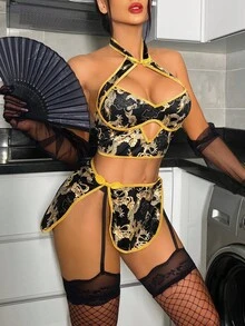 Fantasy Costume 2件套性感露背印花女士内衣套装 - 彩色 - 查看 3