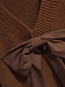 SHEIN Franclia Bow Knit Sweater, Casual Chic Maillard Coffee Color Top