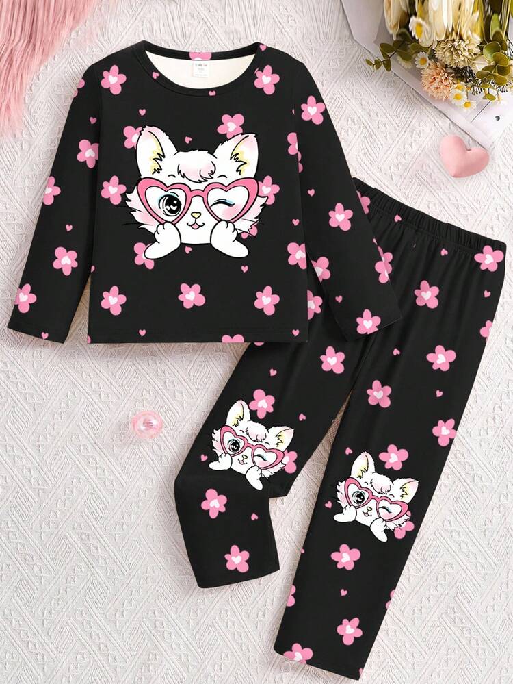 1Set Young Girl Floral & Cute Cat Print Pajamas, Black Round Neck Long Sleeve Top + Floral & Cat Print Casual Shorts, Sweet & Adorable Style Also Suitable For Outerwear Fall Winter - Black - View 3