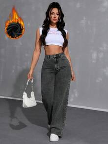 SHEIN ICON 女式纯色休闲保暖牛仔裤 - 灰色 - 查看 3
