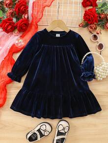 Babygirl 优雅天鹅绒蓝色长袖宽松连衣裙 - 藍色 - 查看 5