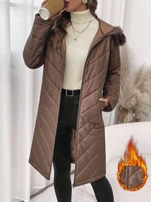 SHEIN Clasi معطف نسائي أنيق بغطاء رأس مبطن بنمط السمكة الهرنجية، معطف مبطن متوسط الطول للخريف/الشتاء - بني فاتح - مشاهدة 3