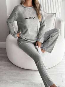 EURMUSE Women Rib Knit With Contrast Colour Stitch Detail Lettered Homewear Lounge Set For Ladies - Grey - View 4