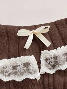 ROMWE Kawaii 女士时尚休闲蕾丝边吊带背心毛衣 - 棕色 - 查看 3