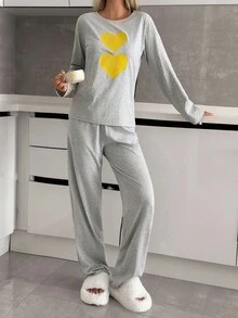 EURMUSE Women 2pcs Colourful Heart Pattern Long Sleeve Shirt&Pants Homewear Set - Grey - View 3