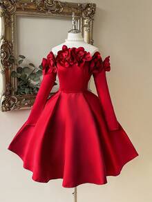 Lovelzi Elegant Glamorous 3D Floral Jewel Embellished Off Shoulder Long Sleeve A-Line Evening Party Maxi Dress - Red - View 5