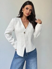 Firerie Women's Elegant White Tweed Short Jacket,Autumn Office V-Neck Metal Buckle Asymmetric Hem Long Sleeve Elegant Minimalist Commuter Urban Chic Casual - White - View 4