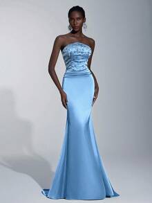 Elitara Elegant Handmade Rhinestone Embellished Strapless Mermaid Tail Dress,Ruched Waist Formal Evening Gown Suitable For Weddings,Galas&Formal Events - Blue - View 6