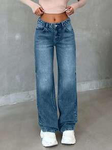 EURMUSE 100% Cotton Low Waist Wash Wide Leg Denim Jeans - Light Wash - View 4