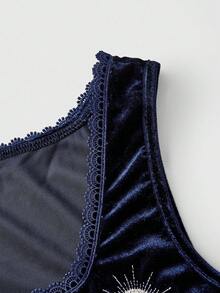 ROMWE EDITION Women's Witch Day Moon & Star Embroidered Velvet All-Match Fitted Tank Top - Royal Blue - View 4