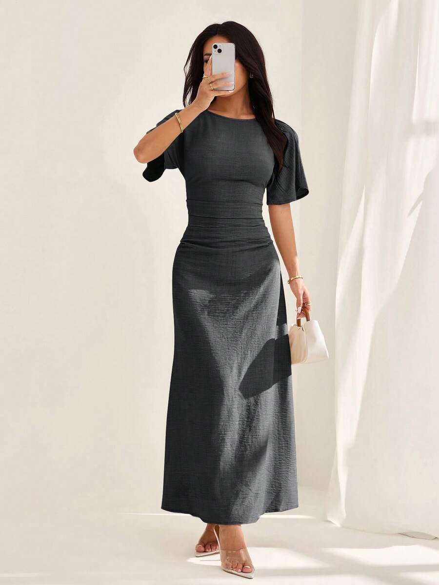 SHEIN PETITE Women's Summer Solid Color Linen Blend Casual Elegant Dress, - Dark Grey - View 1