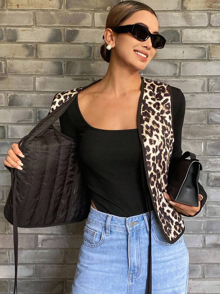 Women's Leopard Print Quilted Vest Jacket, V-Neck With Tie, Casual Street Style, Autumn/Winter