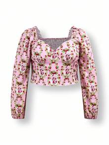 Strawberry Shortcake X SHEIN Plus Size Autumn/Winter Sweet Cute Y2K Sexy Pastoral Casual Pink Strawberry Retro Graphic Print Lantern Sleeve Long Sleeve Sweetheart Neck Shirred Back Blouse - Multicolor - View 3